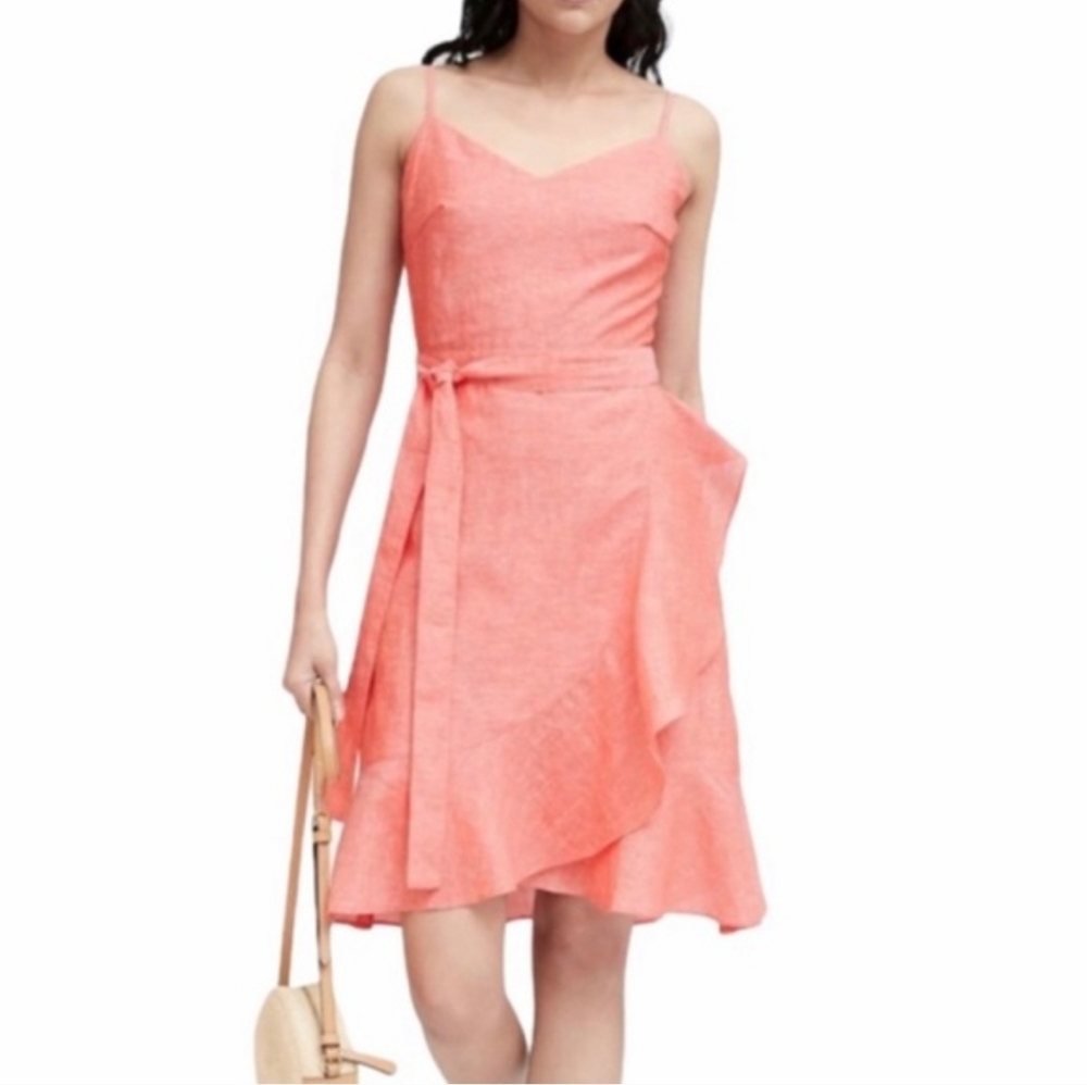Banana Republic Pink Coral Linen Wrap Dress 0P Petites